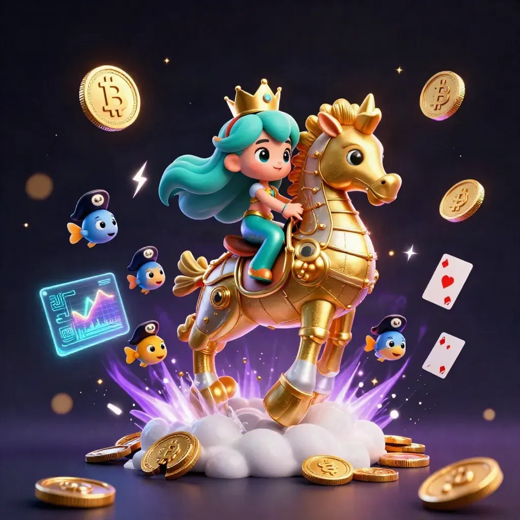 Mermaid princess on a golden seahorse with pirate fish, neon coins, magic and casino effects.