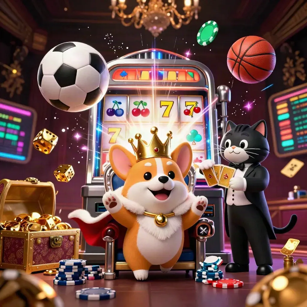 Corgi king and cat butler amid exploding slot machine, dice, and sports balls.