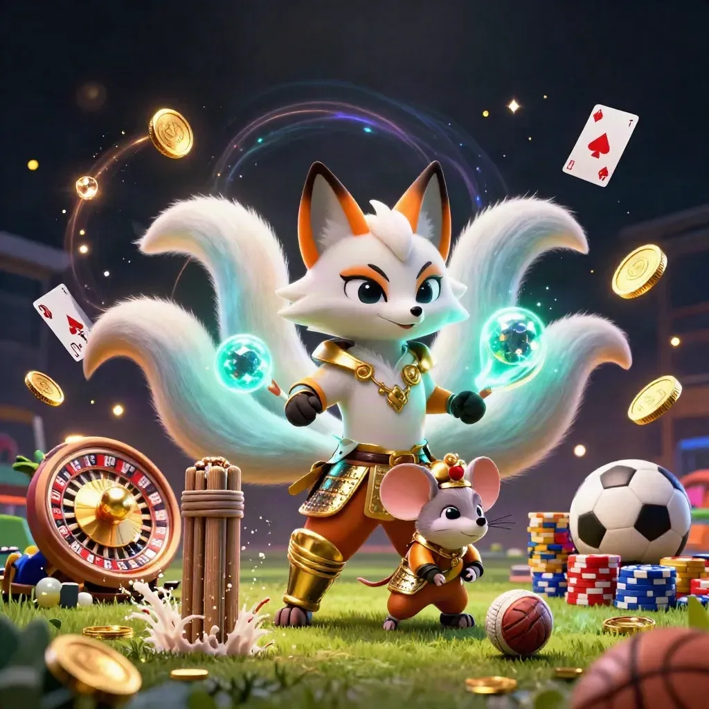 Fox spirit and samurai mouse amid casino icons, coins, and a cricket ball under neon light.