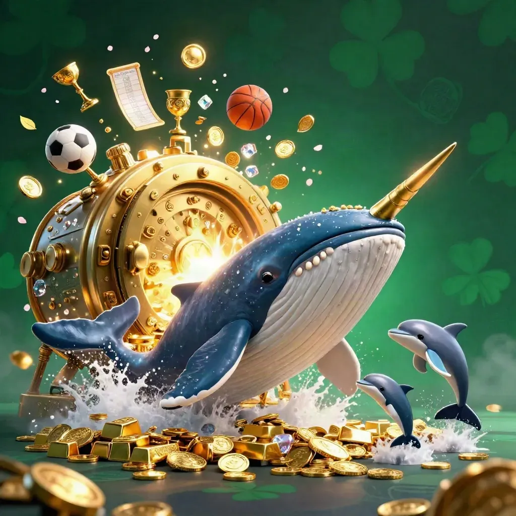 Whale captain, narwhal and dolphins burst through coins, vault door, gold and casino light.