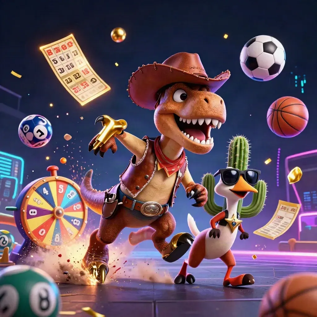 Cowboy T-Rex, cactus sidekick, and roadrunner burst through neon casino effects.