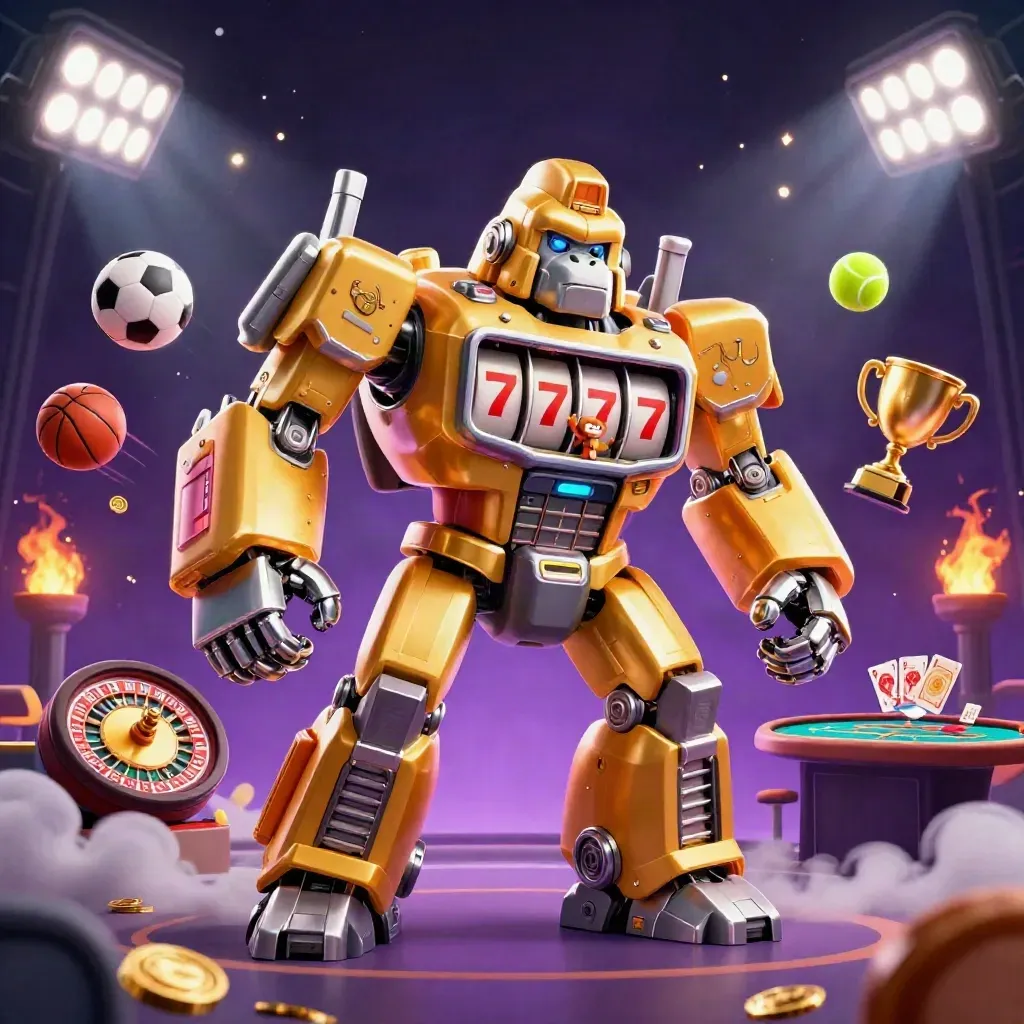 Golden gorilla mech with monkey pilot amid casino lights, balls, trophy, coins, and starry purple smoke