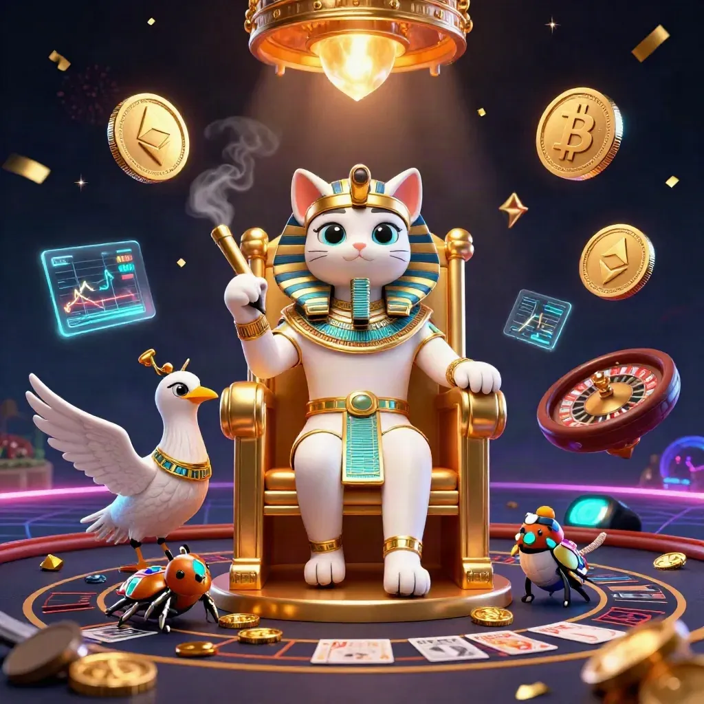 Pharaoh cat on throne with ibis scribe, neon coins, dark casino grid, gem beetles