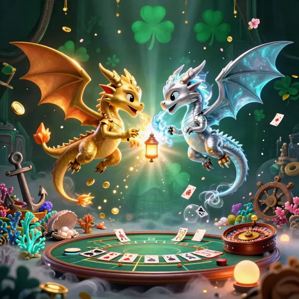 Twin dragons and a lantern spirit soar through a glowing casino treasure cove.