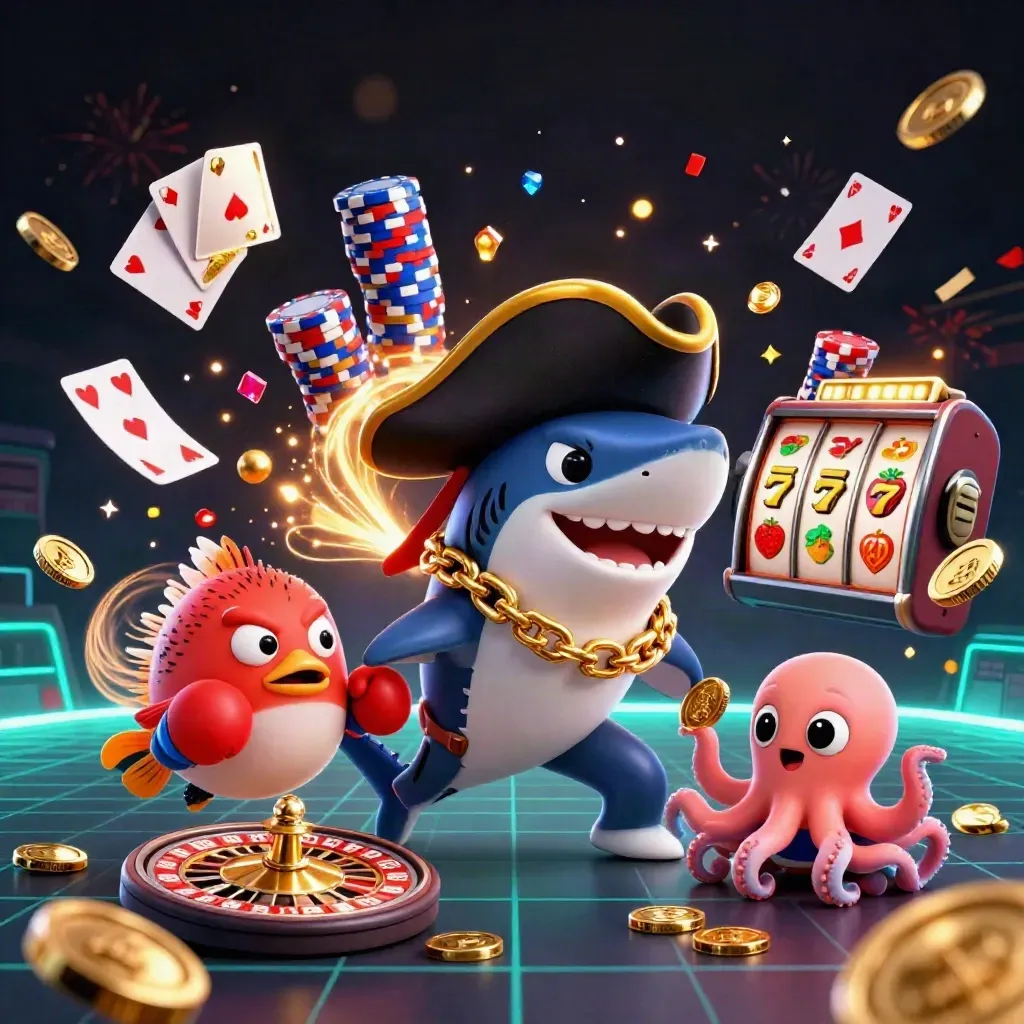 Pirate shark, pufferfish, and octopus amid coins, cards, chips, roulette, and teal neon glow.
