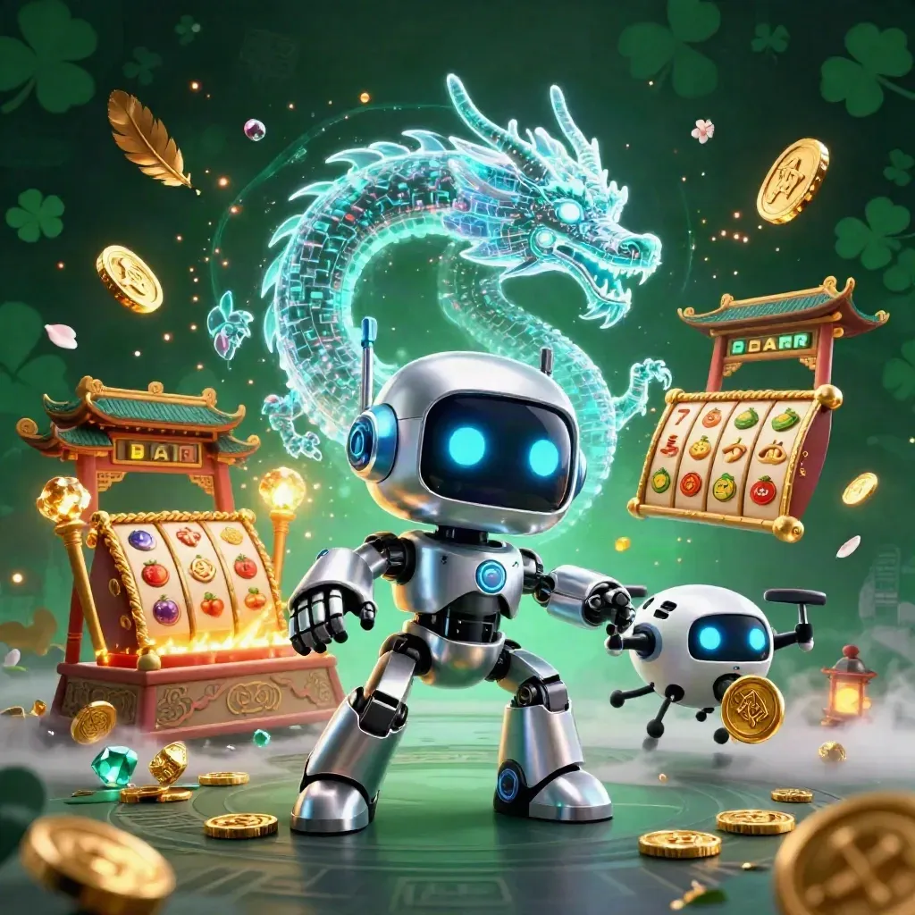 Cyberpunk robot, holographic dragon, and coin drone amid temple gold, teal glow, and casino sparks