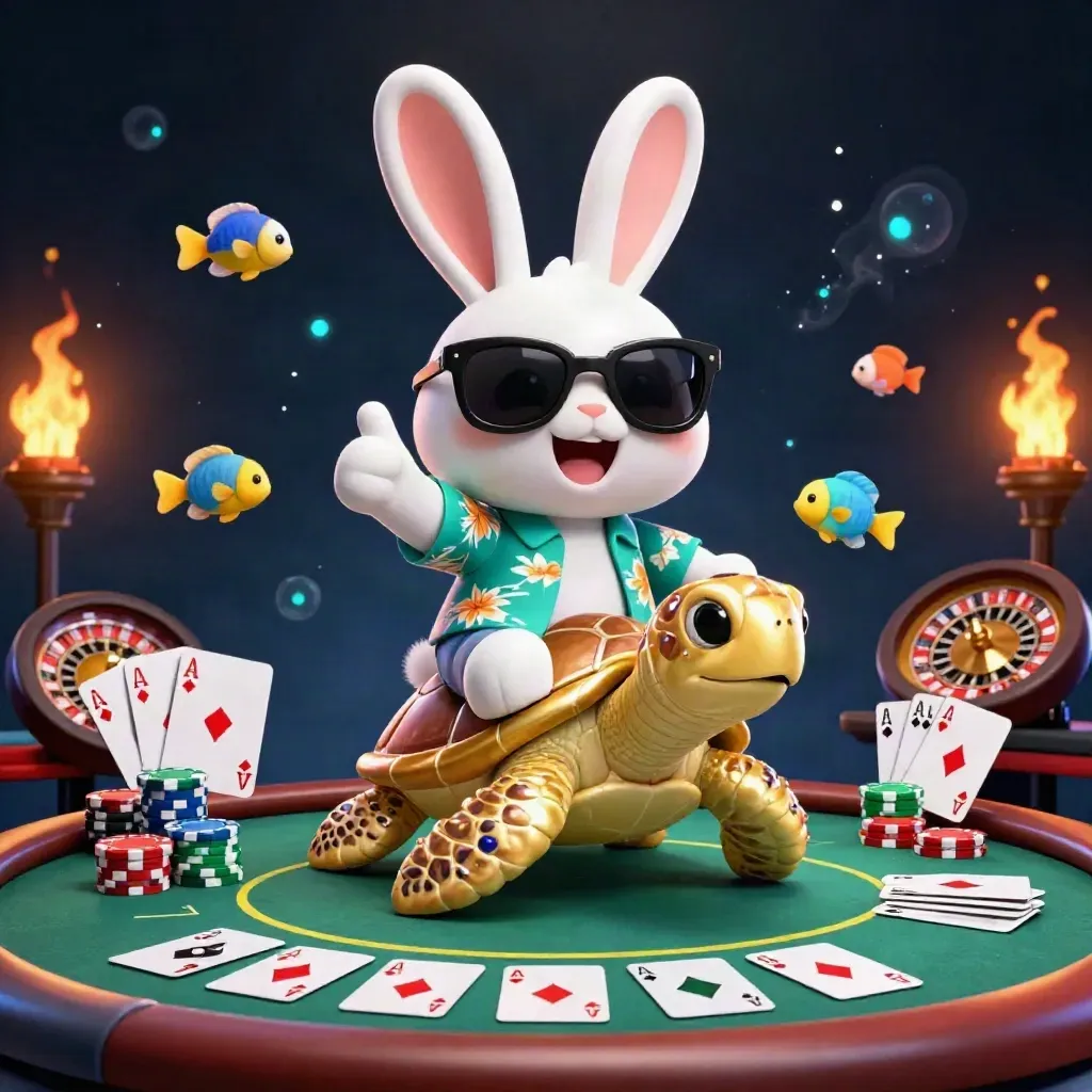 Lucky rabbit on a gem turtle amid poker chaos, neon casino glow and particles.