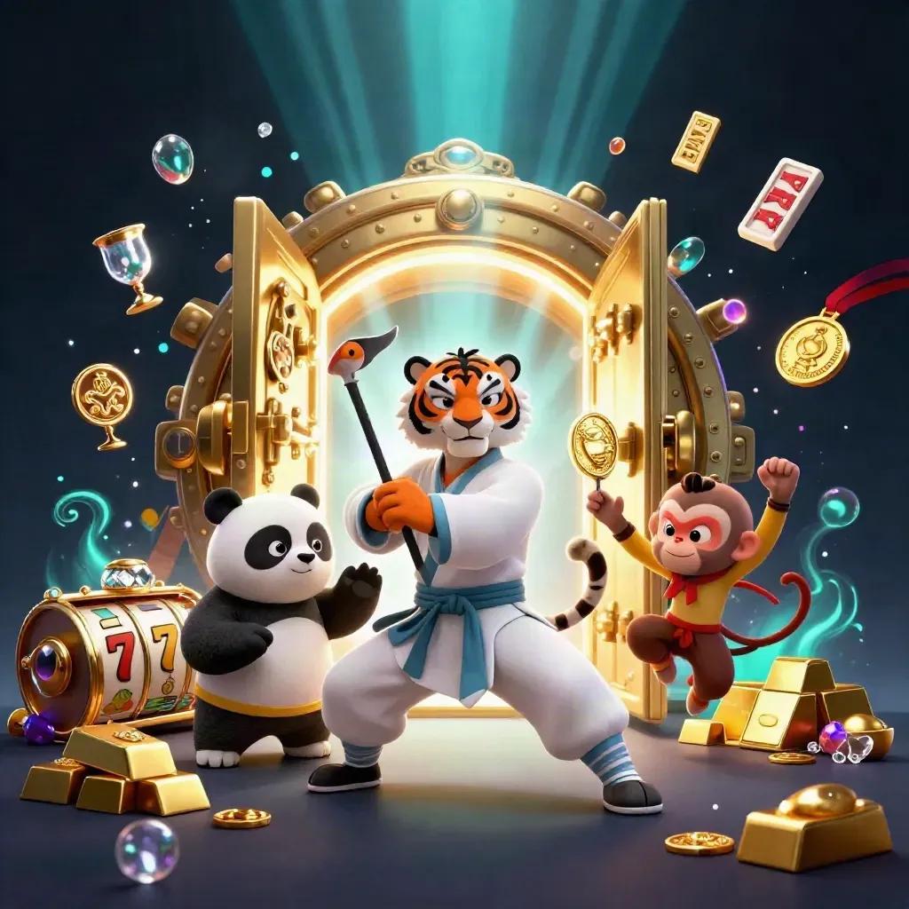Kung-fu tiger, panda, and monkey burst from a treasure vault with gold, gems, and neon light.