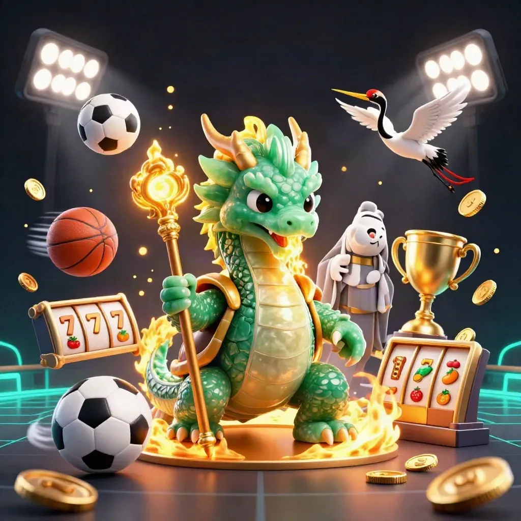 Jade dragon, turtle sage and cranes burst with gold fire, balls, coins and casino symbols