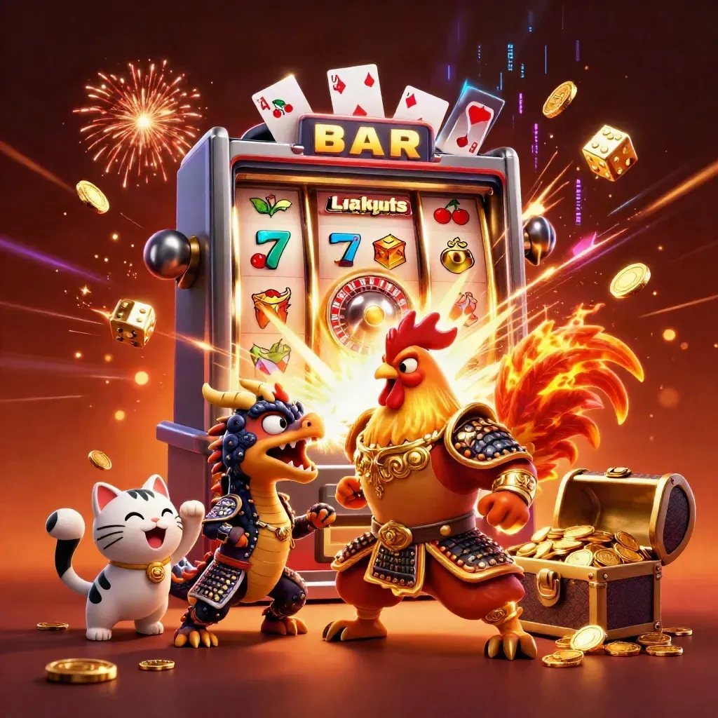 Rooster warrior, dragon hatchling and fortune cat amid slot blast, coins and fireworks.