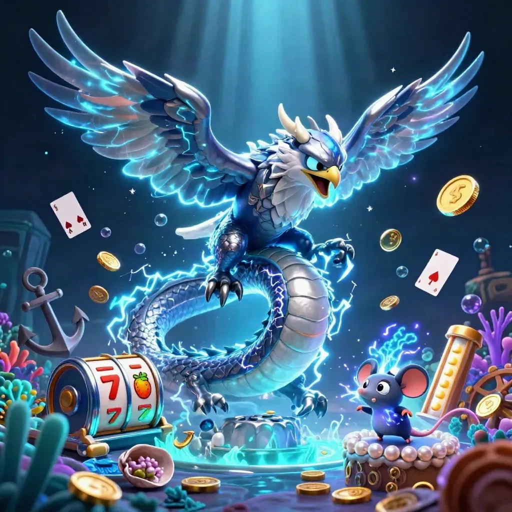 Thunder dragon, glowing hawk and static mouse amid treasure, coral and casino icons.