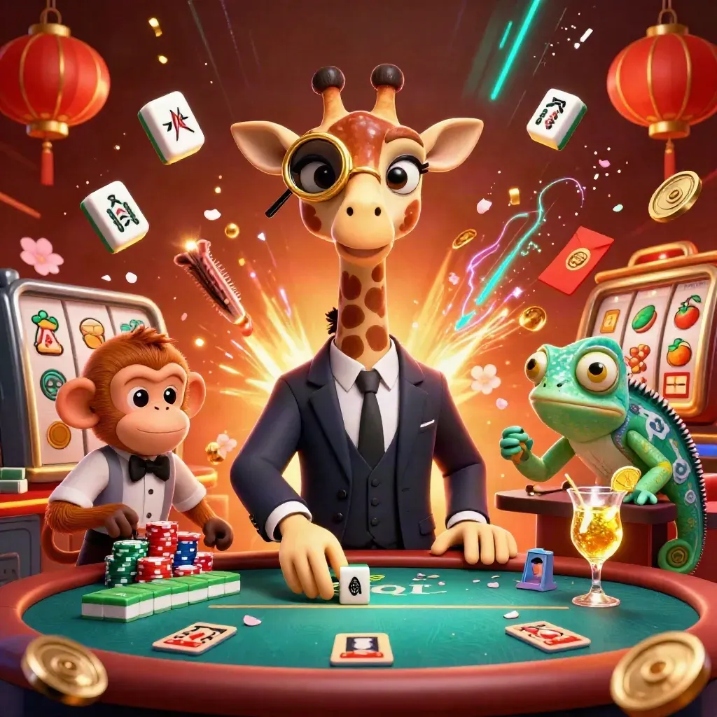Giraffe VIP poker scene with monkey valet, chameleon bartender, casino effects and teal glow