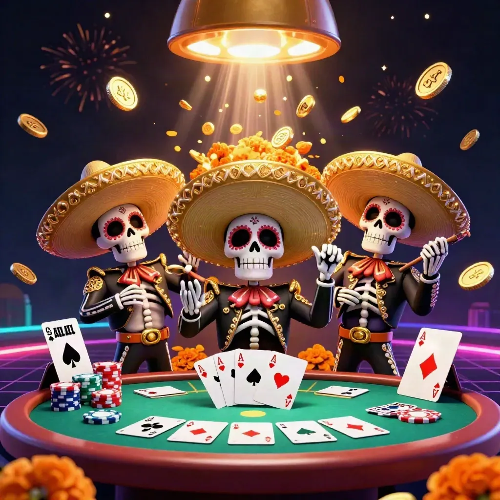 Skeleton mariachi trio amid vault coins, poker chips, fireworks, and neon casino lights