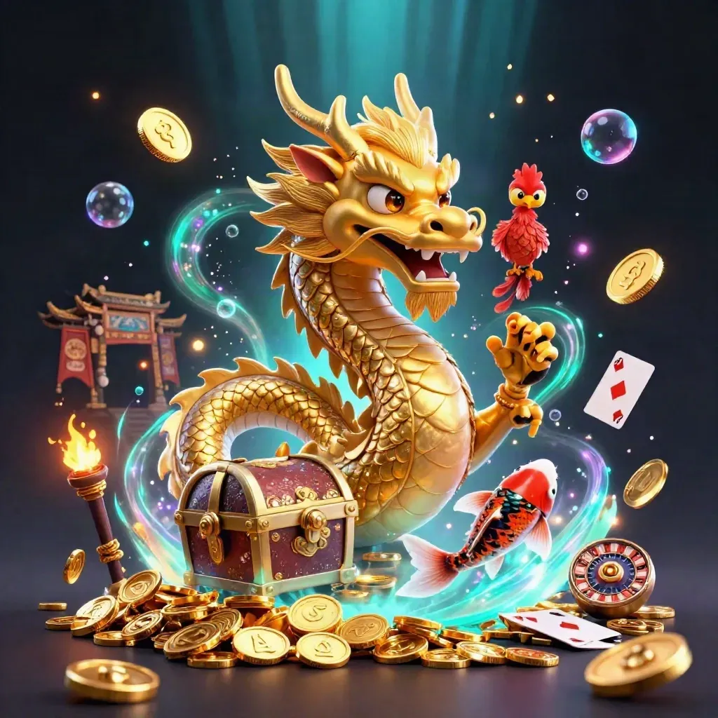 Golden dragon, red phoenix, and koi amid treasure, coins, and neon casino magic