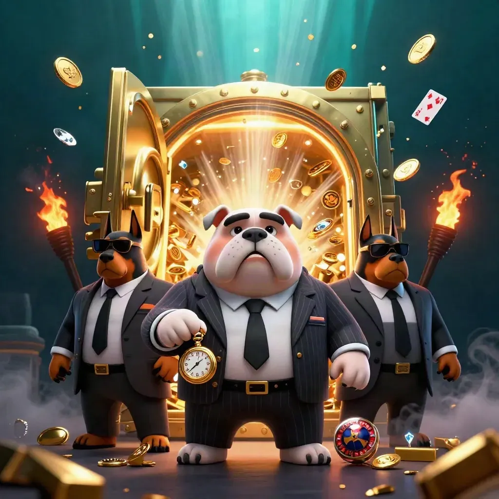 Bulldog boss with Doberman guards amid bursting vault gold, coins, gems, and fireworks in teal midnight glow.