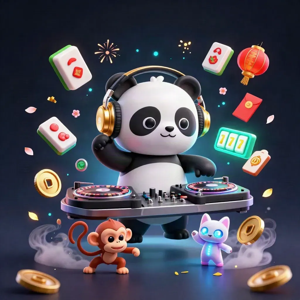 DJ panda, breakdancing monkey and rave kitten amid casino icons on a dark navy neon background.
