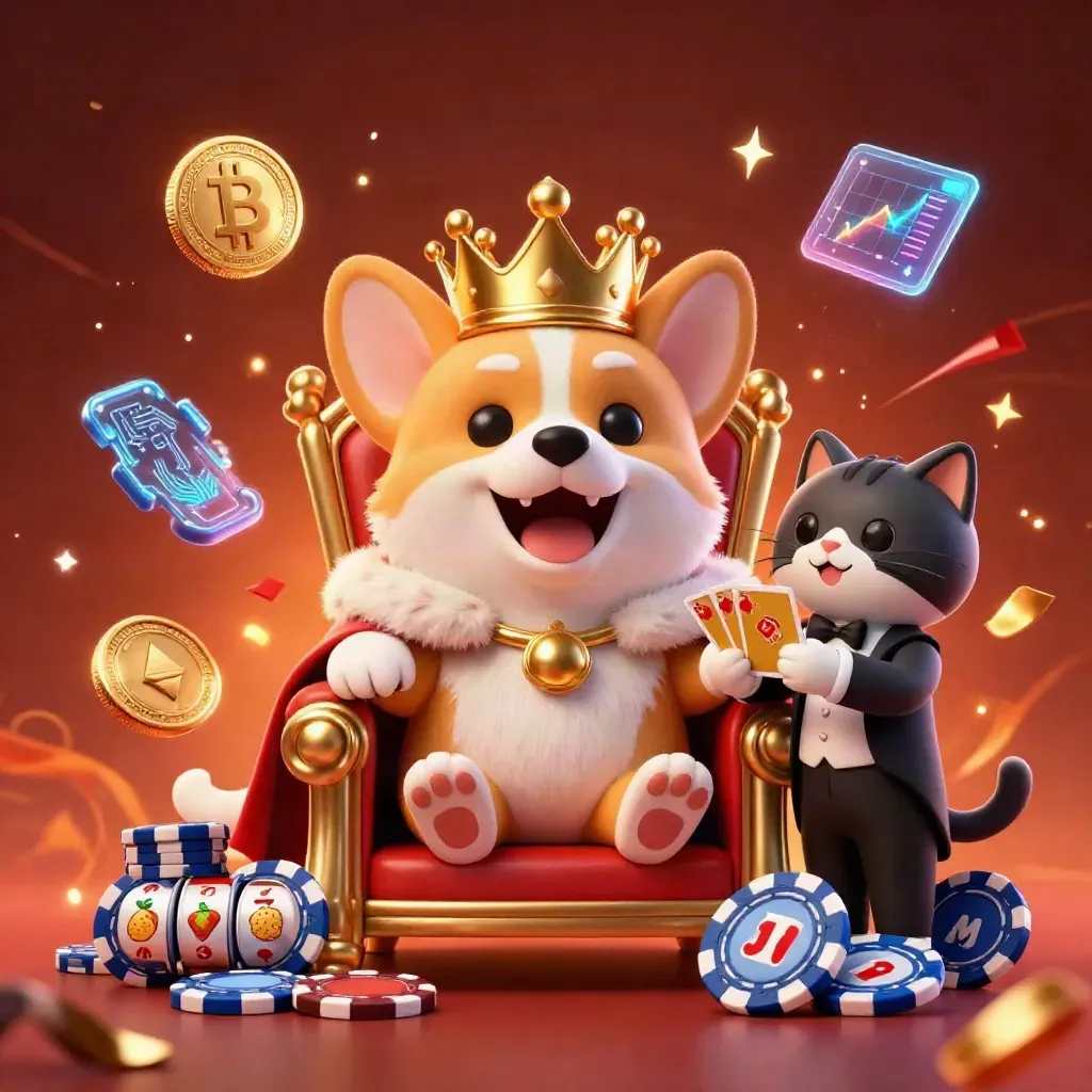 Crowned corgi and cat butler on poker chips amid casino symbols and glowing crypto effects