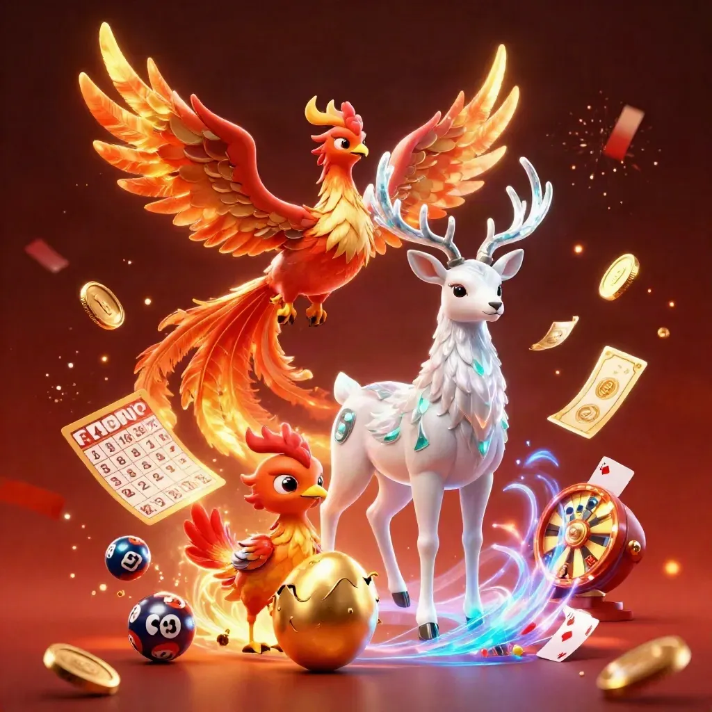 Phoenix, stag, and hatchling amid casino symbols, coins, fireworks, and glowing ember-lit motion.