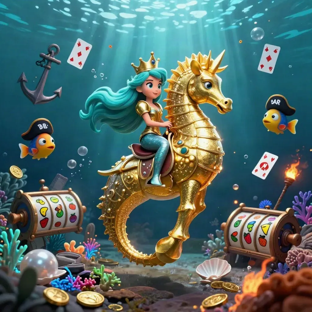 Mermaid princess on armored seahorse with pirate fish, coins, coral, reels, and glowing casino symbols.