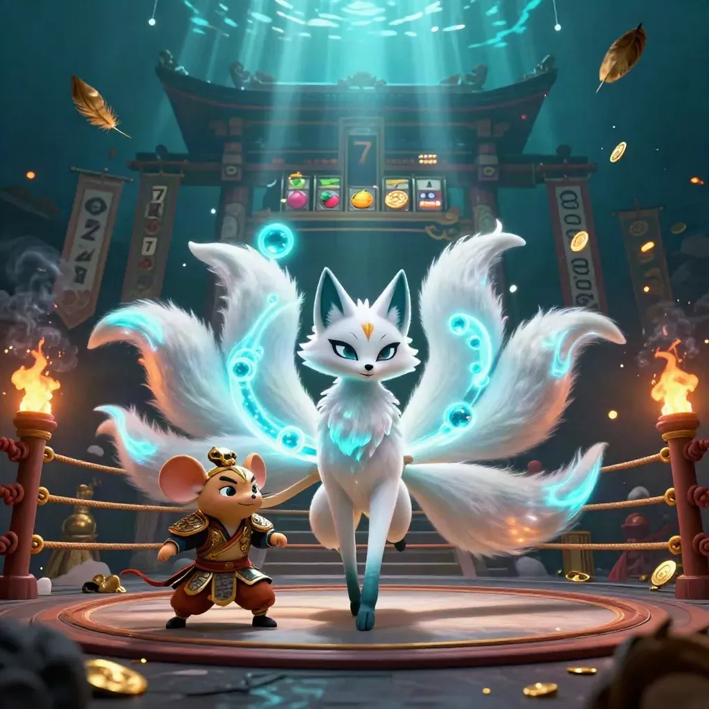 Neon fox spirit and armored mouse amid casino reels, coins, temple gate, and torchlight.