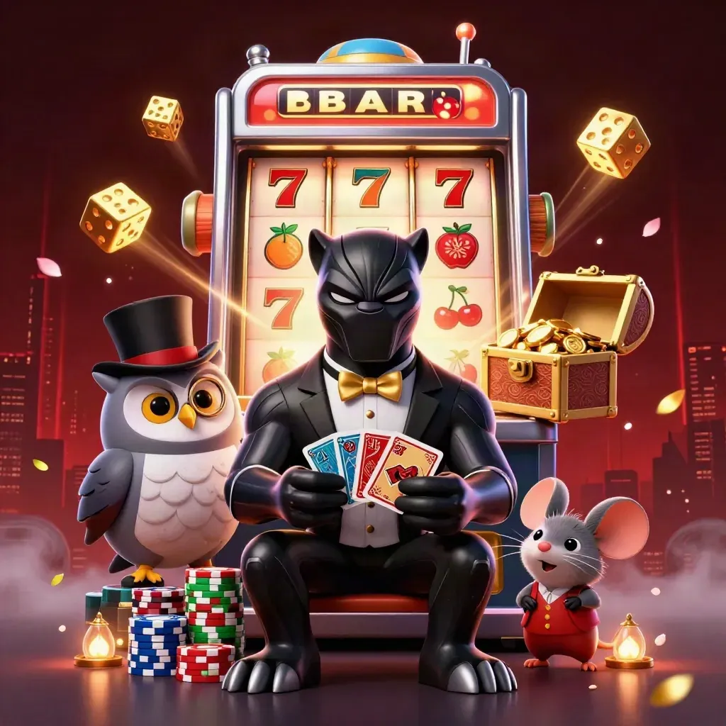 Black panther, owl, and mouse amid a bursting slot machine with gold, cards, and chips