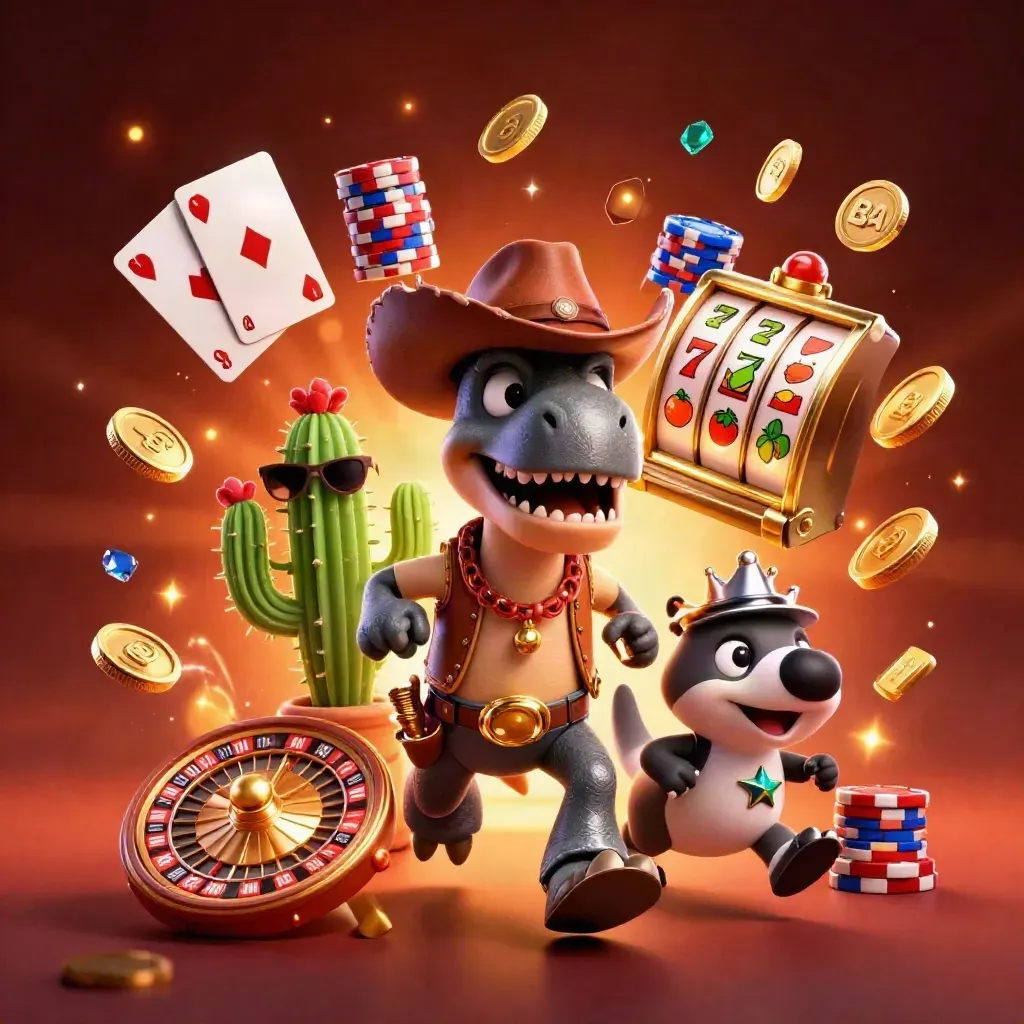 Cowboy T-Rex, cactus sidekick and roadrunner amid glowing casino chips, coins and reels.